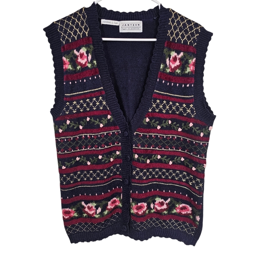 Vintage Embroidered By Hand Grannycore Cottagecore Floral Sweater Vest